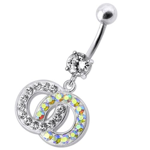 Fancy Multi Colored Stone Studded Crossed O Dangling SS Bar Belly Ring - Monster Piercing