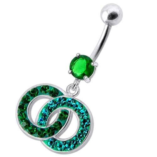 Fancy Multi Colored Stone Studded Crossed O Dangling SS Bar Belly Ring - Monster Piercing