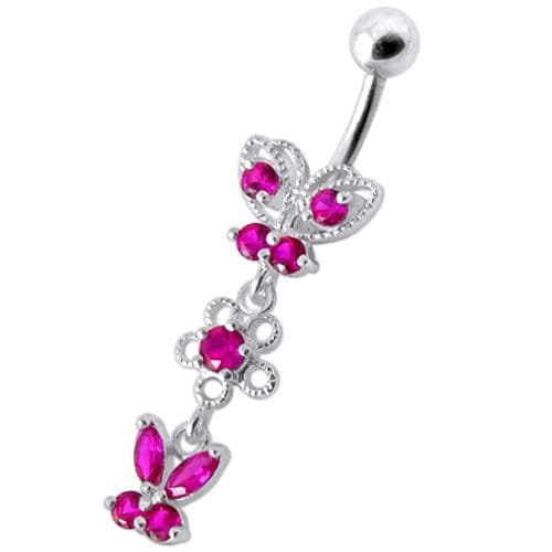 Fancy Design Multi Jeweled Dangling SS Bar Navel Ring - Monster Piercing