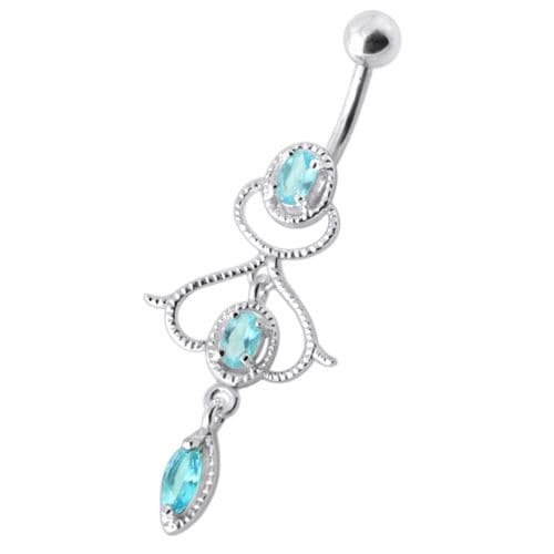 Fancy Jeweled Silver Dangling With Banana Bar Navel Ring - Monster Piercing