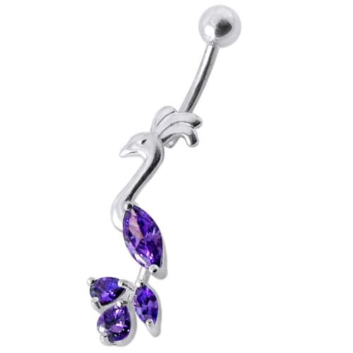 Fancy Jeweled Peafowl Dangling SS Bar Navel Ring Body Jewelry - Monster Piercing