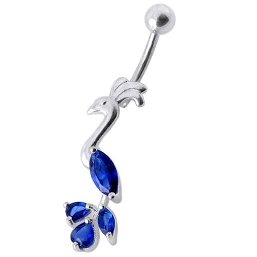 Fancy Jeweled Peafowl Dangling SS Bar Navel Ring Body Jewelry - Monster Piercing