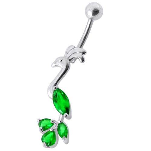 Fancy Jeweled Peafowl Dangling SS Bar Navel Ring Body Jewelry - Monster Piercing