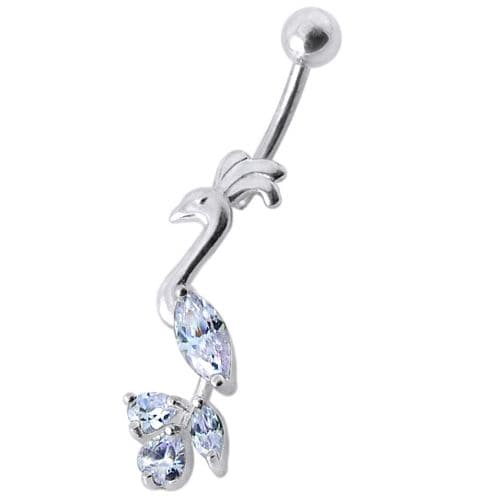 Fancy Jeweled Peafowl Dangling SS Bar Navel Ring Body Jewelry - Monster Piercing