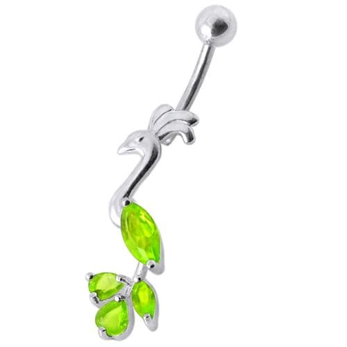 Fancy Jeweled Peafowl Dangling SS Bar Navel Ring Body Jewelry - Monster Piercing