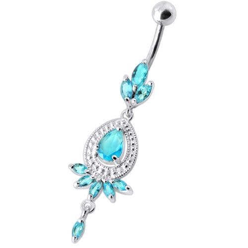 Fancy stone centered Jewel Dangling SS Bar Belly Ring - Monster Piercing