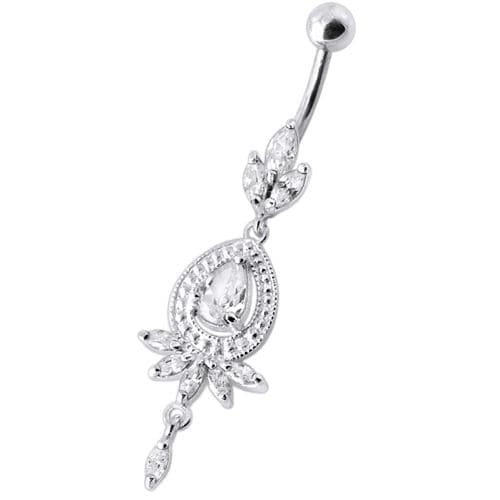 Fancy stone centered Jewel Dangling SS Bar Belly Ring - Monster Piercing