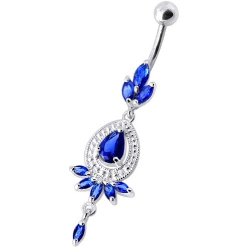 Fancy stone centered Jewel Dangling SS Bar Belly Ring - Monster Piercing