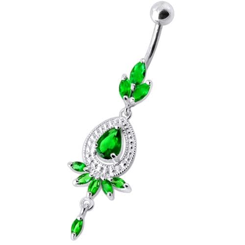 Fancy stone centered Jewel Dangling SS Bar Belly Ring - Monster Piercing