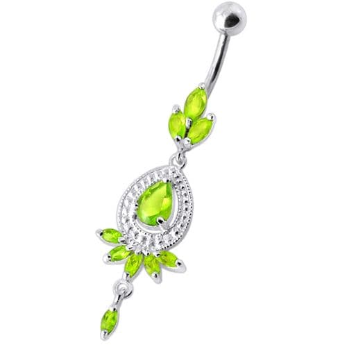 Fancy stone centered Jewel Dangling SS Bar Belly Ring - Monster Piercing