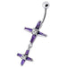 Fancy Double Cross Jeweled Silver Dangling With SS Bar Belly Ring - Monster Piercing