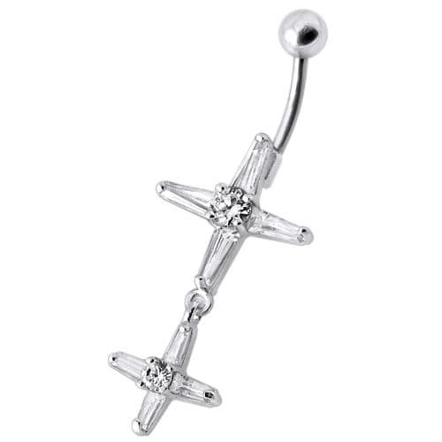 Fancy Double Cross Jeweled Silver Dangling With SS Bar Belly Ring - Monster Piercing