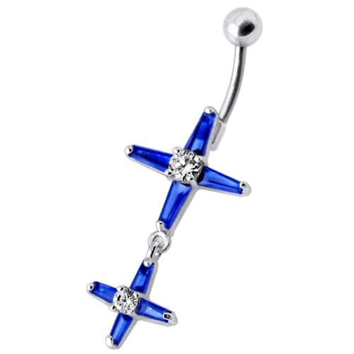 Fancy Double Cross Jeweled Silver Dangling With SS Bar Belly Ring - Monster Piercing