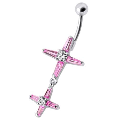 Fancy Double Cross Jeweled Silver Dangling With SS Bar Belly Ring - Monster Piercing