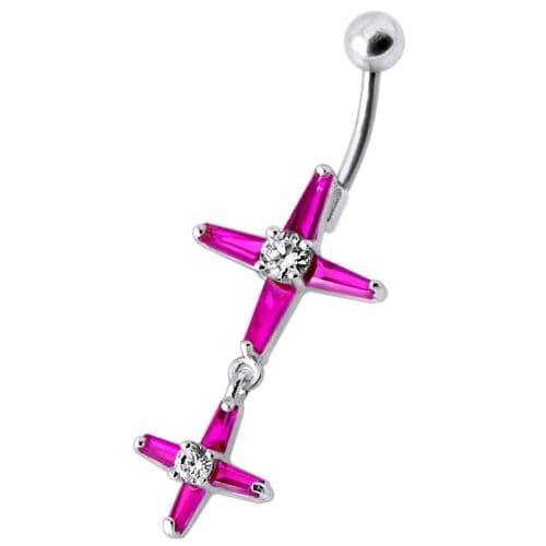 Fancy Double Cross Jeweled Silver Dangling With SS Bar Belly Ring - Monster Piercing