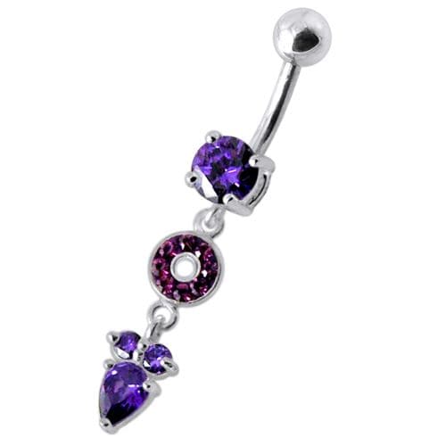 Fancy Multi Stone Jeweled "O" Pear" Dangling SS Bar Navel Body Jewelry Ring - Monster Piercing