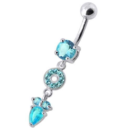 Fancy Multi Stone Jeweled "O" Pear" Dangling SS Bar Navel Body Jewelry Ring - Monster Piercing