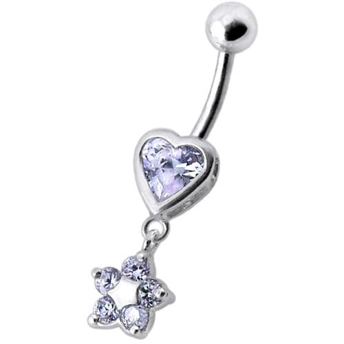 Jeweled Heart with Dangling Flower Belly Ring - Monster Piercing