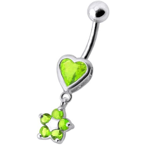 Jeweled Heart with Dangling Flower Belly Ring - Monster Piercing