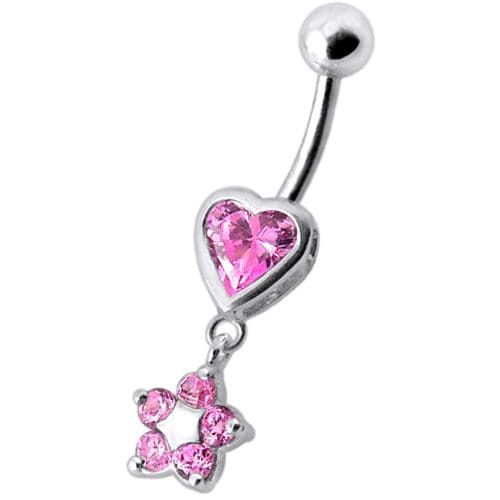 Jeweled Heart with Dangling Flower Belly Ring - Monster Piercing