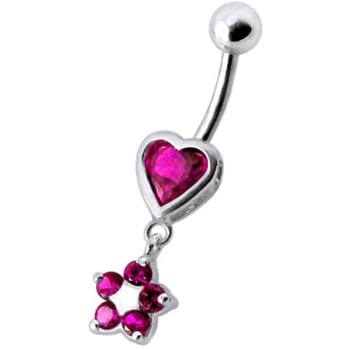 Jeweled Heart with Dangling Flower Belly Ring - Monster Piercing