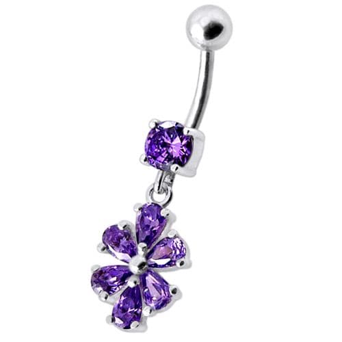 Fancy  Flower Jeweled Silver Dangling With SS Bar Navel Ring - Monster Piercing