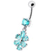 Fancy  Flower Jeweled Silver Dangling With SS Bar Navel Ring - Monster Piercing