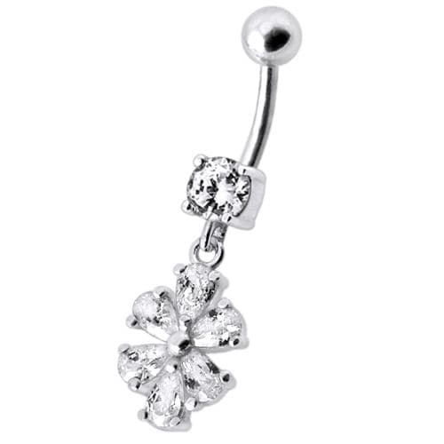 Fancy  Flower Jeweled Silver Dangling With SS Bar Navel Ring - Monster Piercing