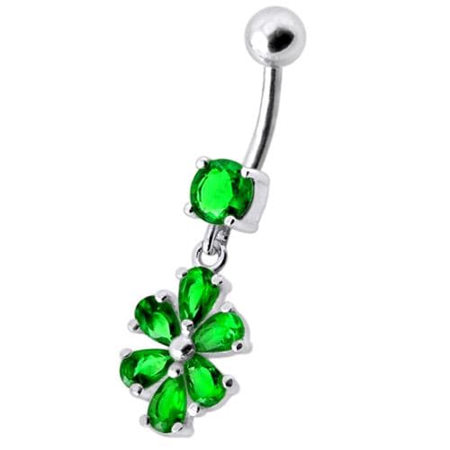 Fancy  Flower Jeweled Silver Dangling With SS Bar Navel Ring - Monster Piercing