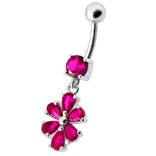 Fancy  Flower Jeweled Silver Dangling With SS Bar Navel Ring - Monster Piercing