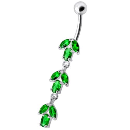 Fancy Multi Stone Jeweled Leaf Dangling Navel Ring - Monster Piercing