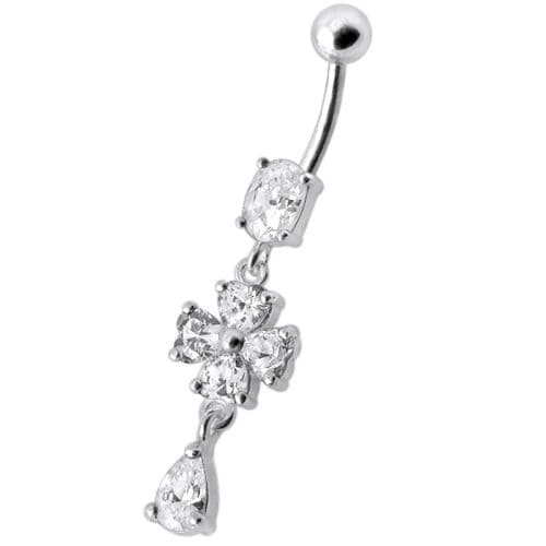 Silver Fancy  Flower Dangling Bdy Jewelry SS Bar Belly Ring - Monster Piercing