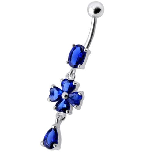 Silver Fancy  Flower Dangling Bdy Jewelry SS Bar Belly Ring - Monster Piercing