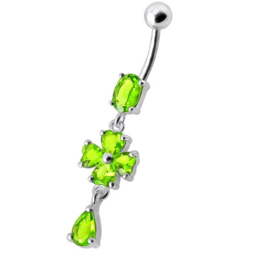 Silver Fancy  Flower Dangling Bdy Jewelry SS Bar Belly Ring - Monster Piercing