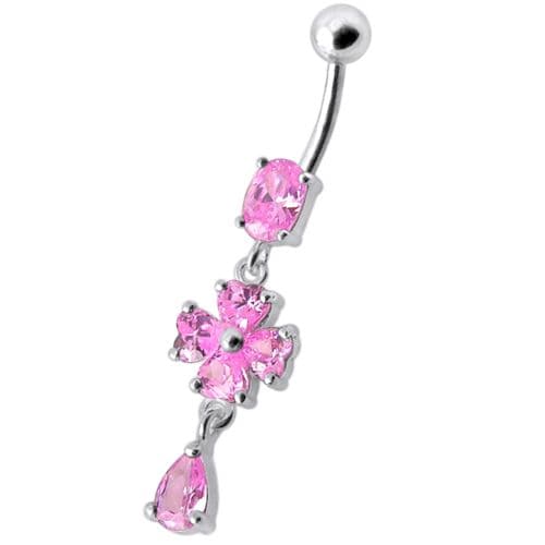 Silver Fancy  Flower Dangling Bdy Jewelry SS Bar Belly Ring - Monster Piercing