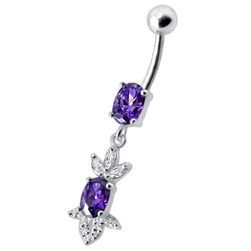 Fancy  Jeweled Dangling 316L SS Bar Belly Ring - Monster Piercing