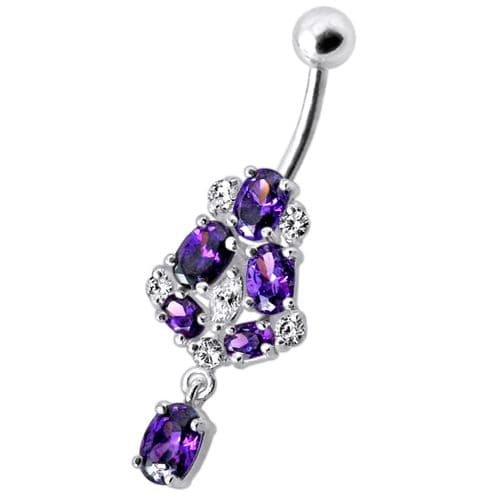 Silver Fancy Jeweled Dangling Navel Ring Body Jewelry - Monster Piercing