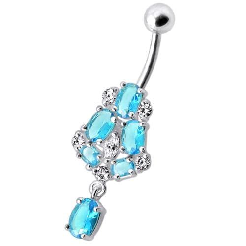 Silver Fancy Jeweled Dangling Navel Ring Body Jewelry - Monster Piercing