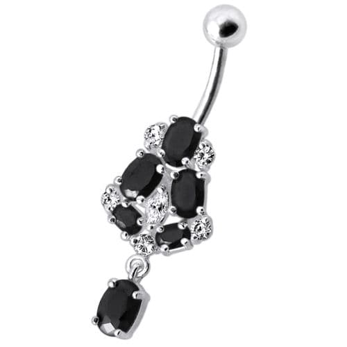 Silver Fancy Jeweled Dangling Navel Ring Body Jewelry - Monster Piercing