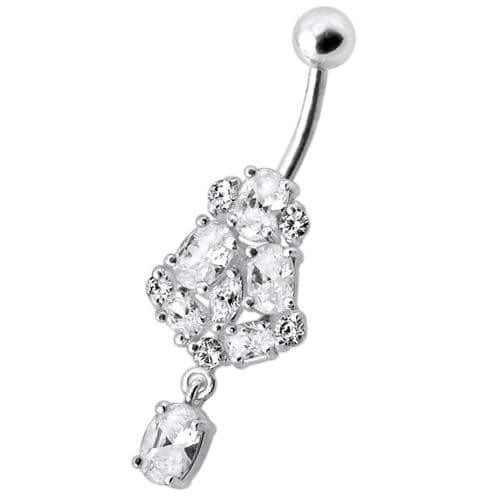 Silver Fancy Jeweled Dangling Navel Ring Body Jewelry - Monster Piercing