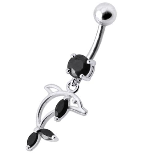 Jeweled Dolphin Dangling Navel Banana Ring - Monster Piercing