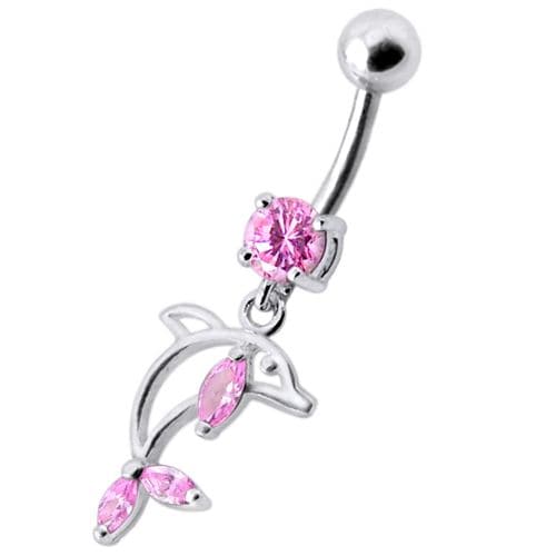 Jeweled Dolphin Dangling Navel Banana Ring - Monster Piercing