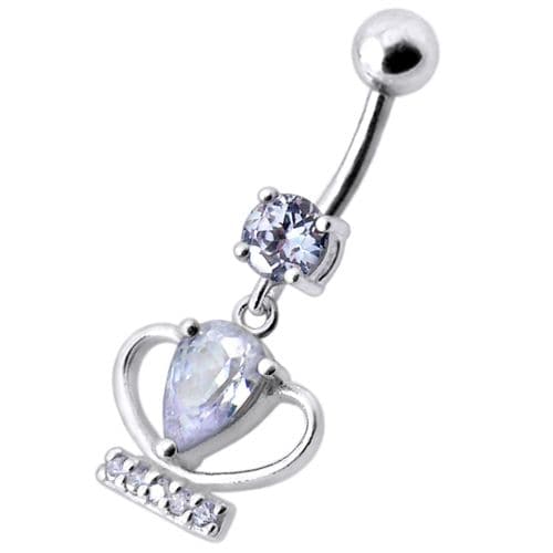 Silver Fancy Jeweled Cup Dangling Bar Belly Ring - Monster Piercing