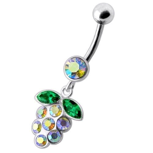 Silver Fancy Jeweled Grape Dangling Curved Belly Ring - Monster Piercing