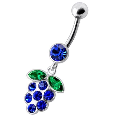 Silver Fancy Jeweled Grape Dangling Curved Belly Ring - Monster Piercing