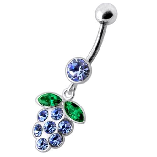 Silver Fancy Jeweled Grape Dangling Curved Belly Ring - Monster Piercing