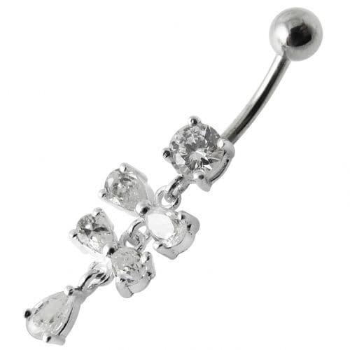 Fancy Silver  Studded Jeweled Dangling SS Belly Ring - Monster Piercing