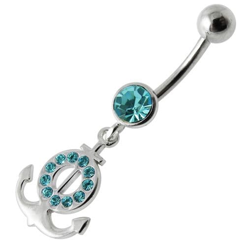 Silver Fancy Multi Jeweled Logo Dangling Banana Bar Belly Ring - Monster Piercing