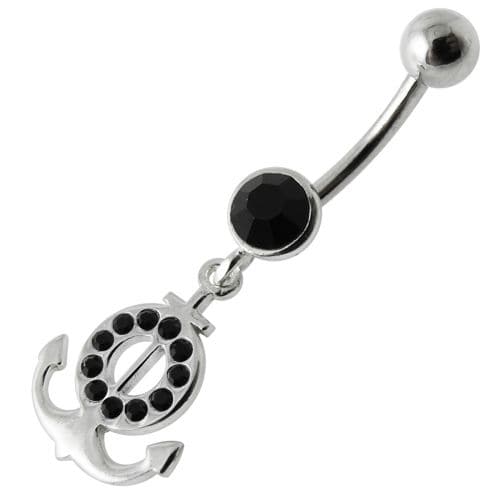 Silver Fancy Multi Jeweled Logo Dangling Banana Bar Belly Ring - Monster Piercing