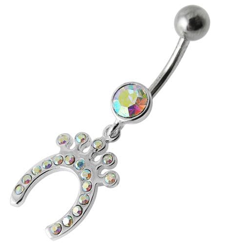 Silver Horseshoe Jeweled Dangling SS Bar Belly Ring - Monster Piercing